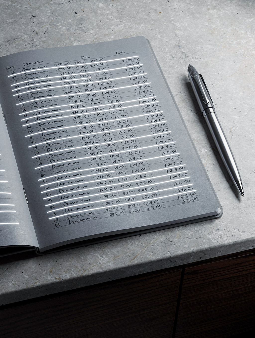 Close up of a professional audit ledger with gold pen
