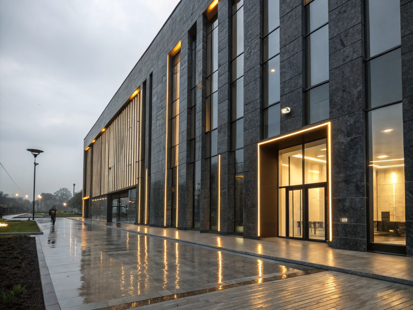 Modern architectural facade with high contrast shadows