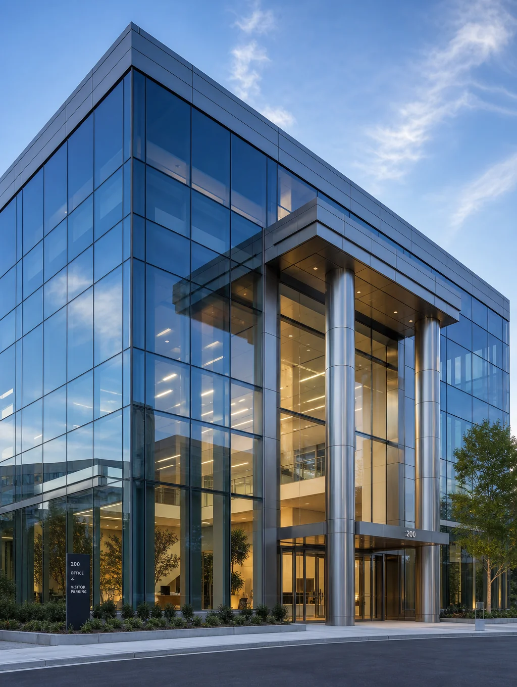 Modern architectural facade with sharp lines and golden highlights